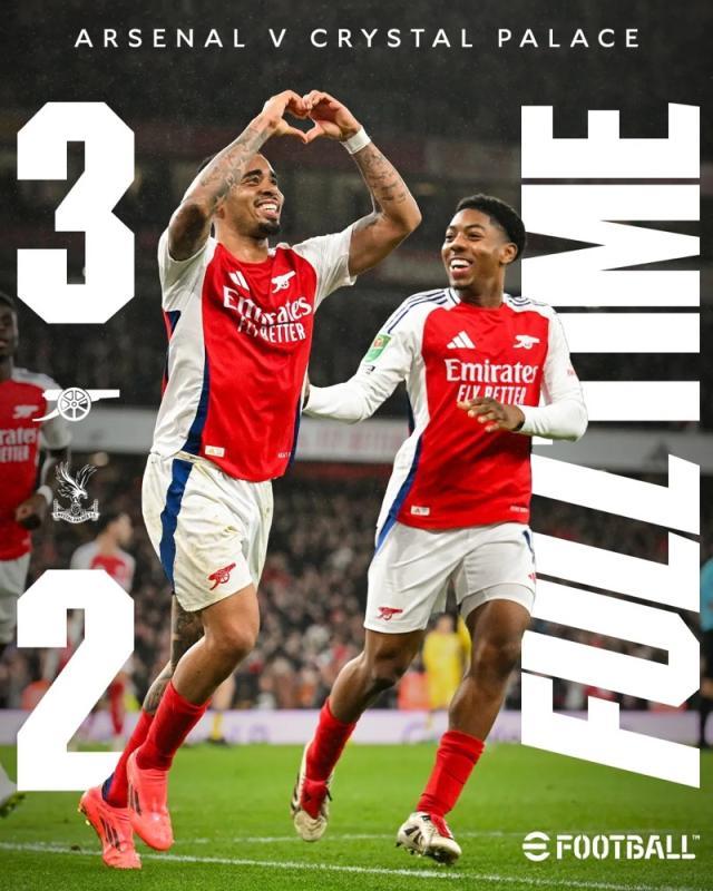 中国体育赛事-【联赛杯】热苏斯帽子戏法，阿森纳逆转水晶宫进4强！